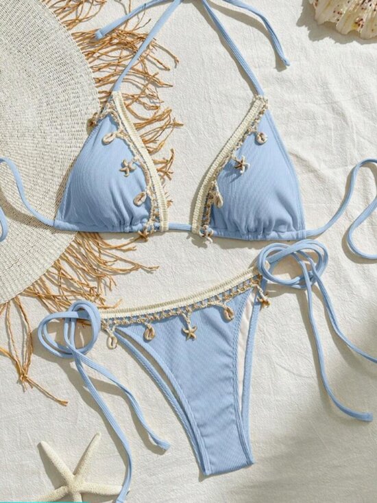 Other - Women's Blue Shell Trim Triangle Bikini Set Lace Up Beach Swimwear Two Piece